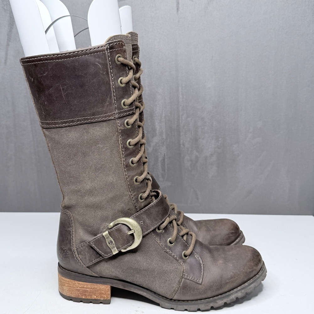 Timberland 3728R Boots Womens 7.5W Brown Leather Suede Lace Up Side Zip Mid-Calf